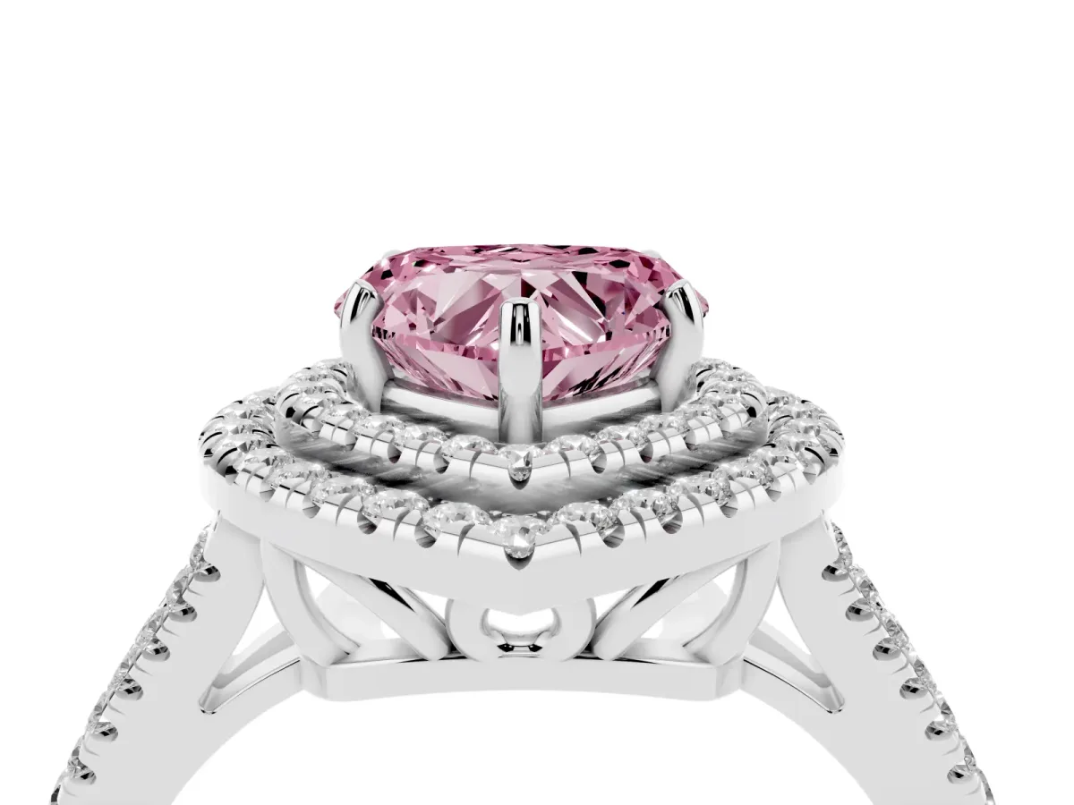 Fancy Pink Heart Cut Diamond Double Halo Ring with Pavé Band and Prong Setting Silver
