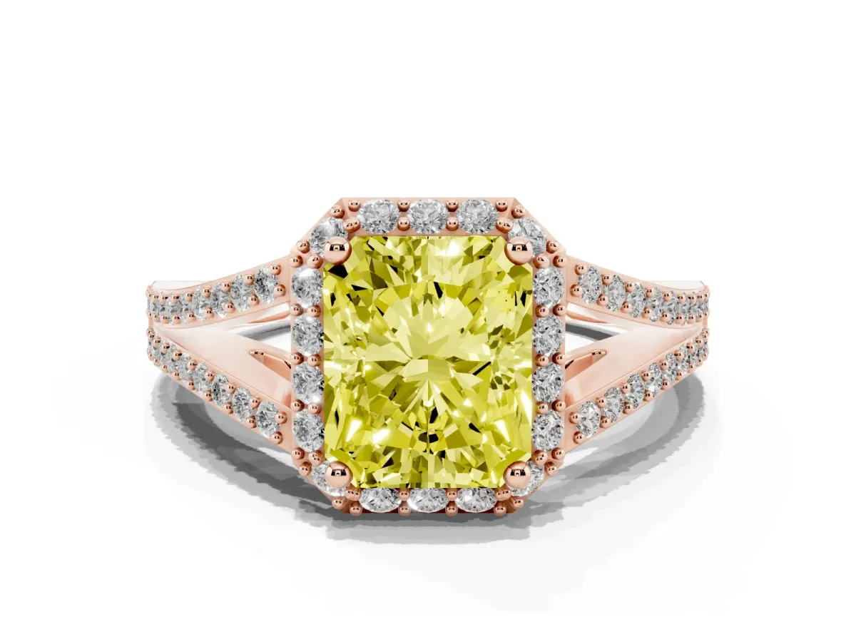 Fancy Yellow Radiant Cut Halo Split Shank Pave Diamond Ring with Four-Prong Setting Rose gold