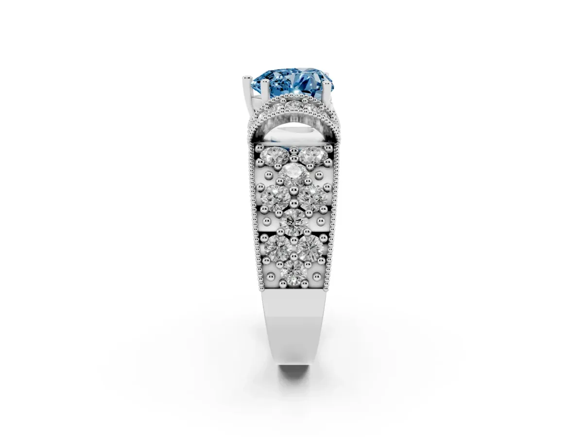 Fancy Blue Heart Cut Halo Pave Diamond Engagement Ring with Milgrain Detailing Silver