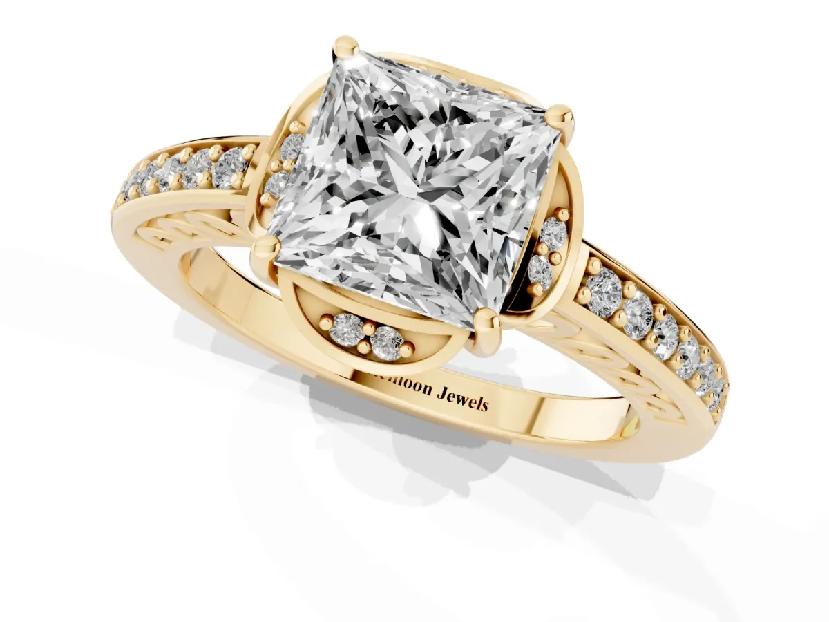 Princess Cut Cut Halo Diamond Ring with Channel Set Band and Four-Prong Setting Yellow gold
