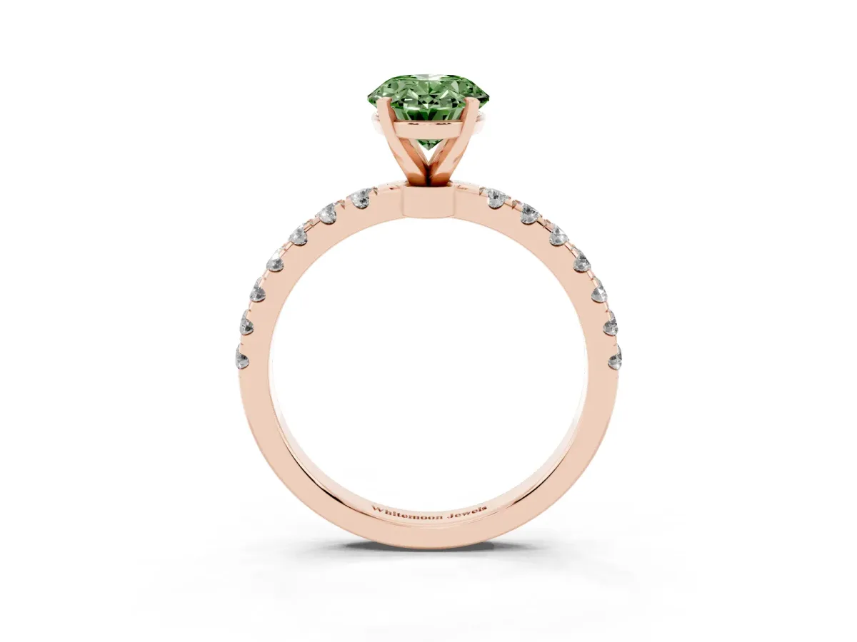 Fancy Green Oval Cut Diamond Solitaire Ring with Pavé Accents and Four-Prong Setting Rose gold