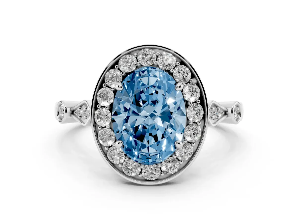 Fancy Blue Oval Cut Halo Diamond Engagement Ring with Twisted Band and Four-Prong Setting Silver