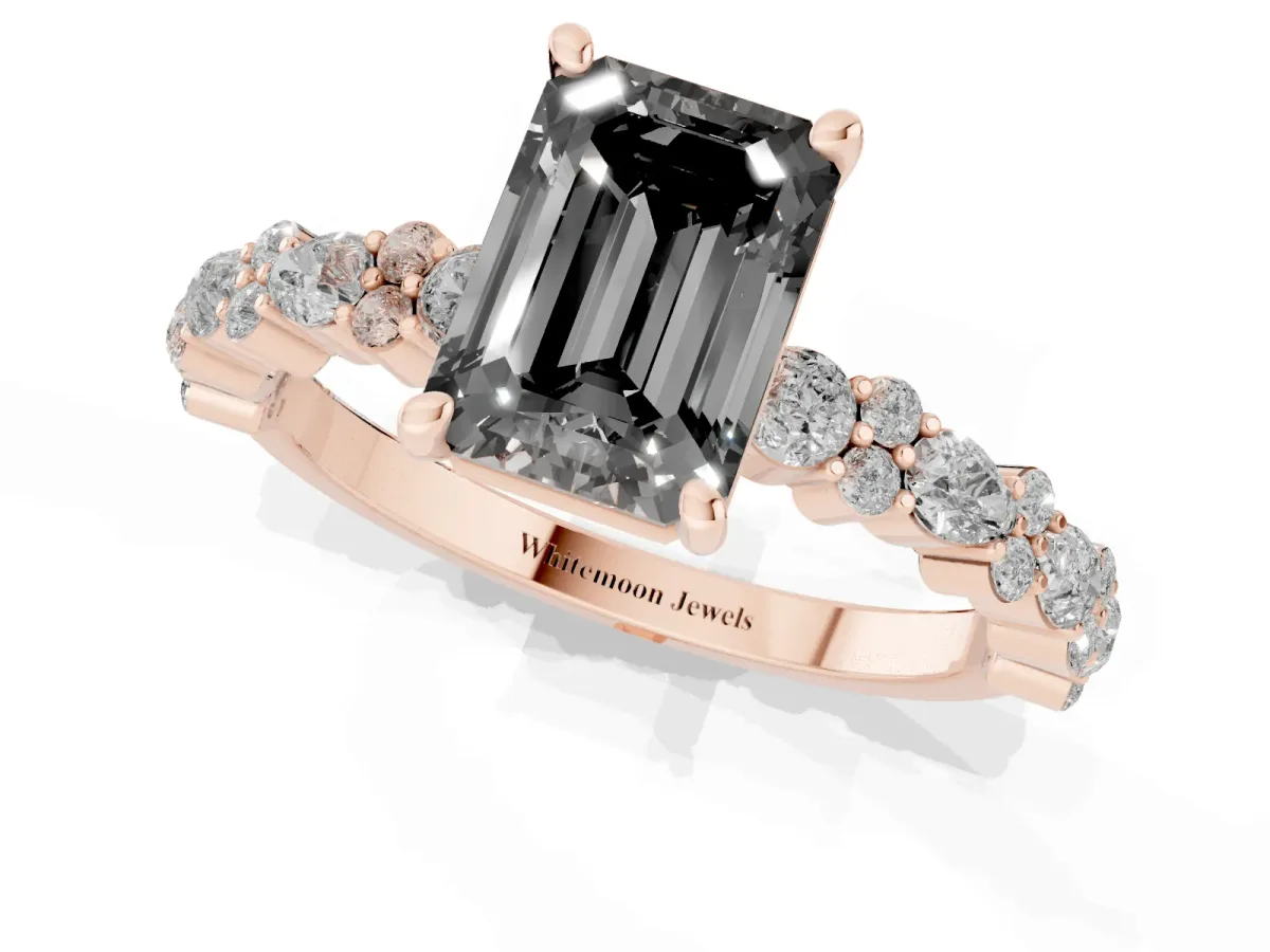 Fancy Black Emerald Cut Diamond Side Stone Solitaire Ring with Round and Four-Prong Setting Rose gold