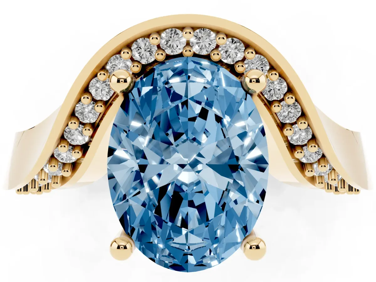 Fancy Blue Oval Cut Solitaire Diamond Engagement Ring with Pave Band and Four-Prong Setting Yellow gold
