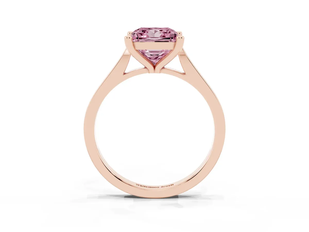 Fancy Pink Princess Cut Solitaire Diamond Ring with Four-Prong Setting and Tapered Band Rose gold