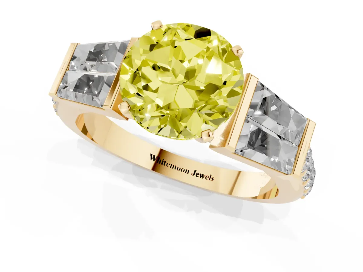 Fancy Yellow Round Cut Diamond Engagement Ring with Baguette Side Stones and Channel Set Band Yellow gold
