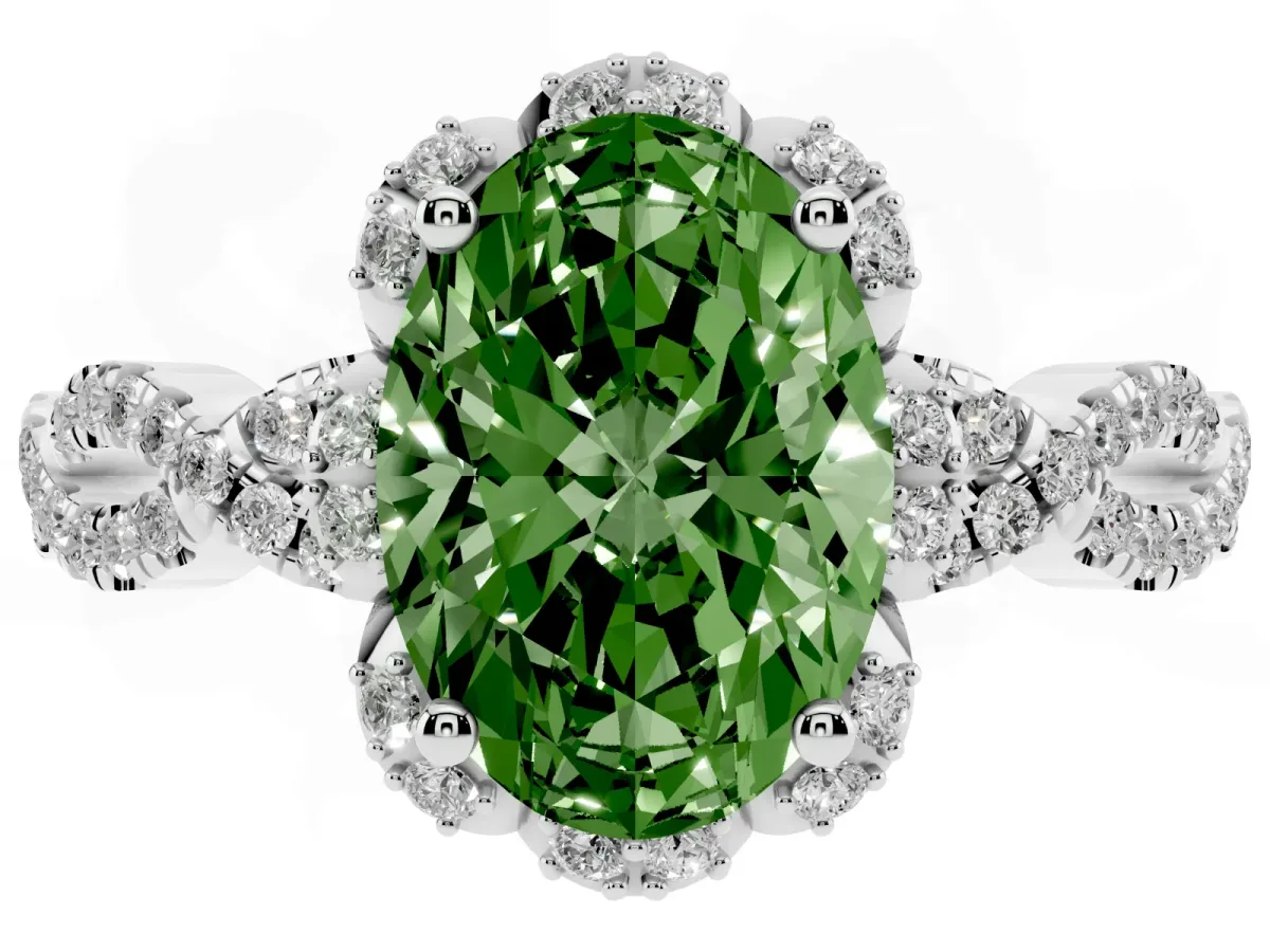 Fancy Green Oval Cut Halo Twist Band Solitaire Ring with Six-Prong Setting Silver