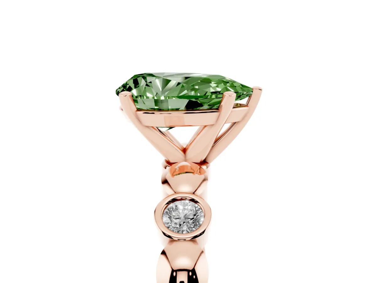Fancy Green Pear Cut Solitaire Bezel-Set Diamond Ring with Beaded Band and Four-Prong Setting Rose gold