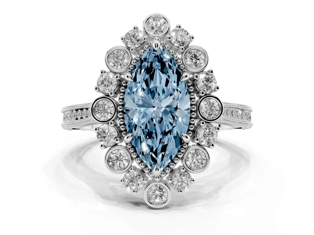 Fancy Blue Marquise Cut Halo Milgrain Pave Diamond Ring with Four-Prong Setting White gold
