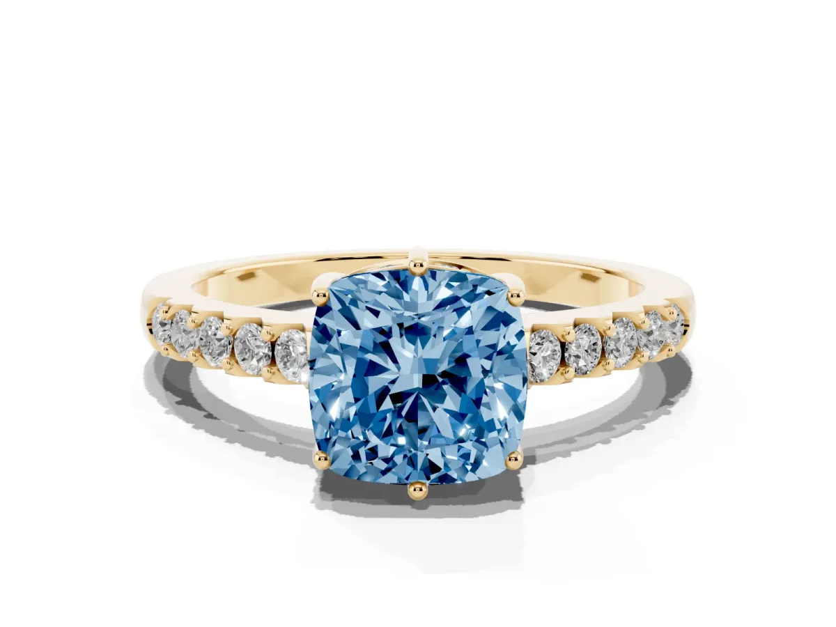 Fancy Blue Cushion Cut Solitaire Diamond Engagement Ring with Pavé Band and Six-Prong Setting Yellow gold