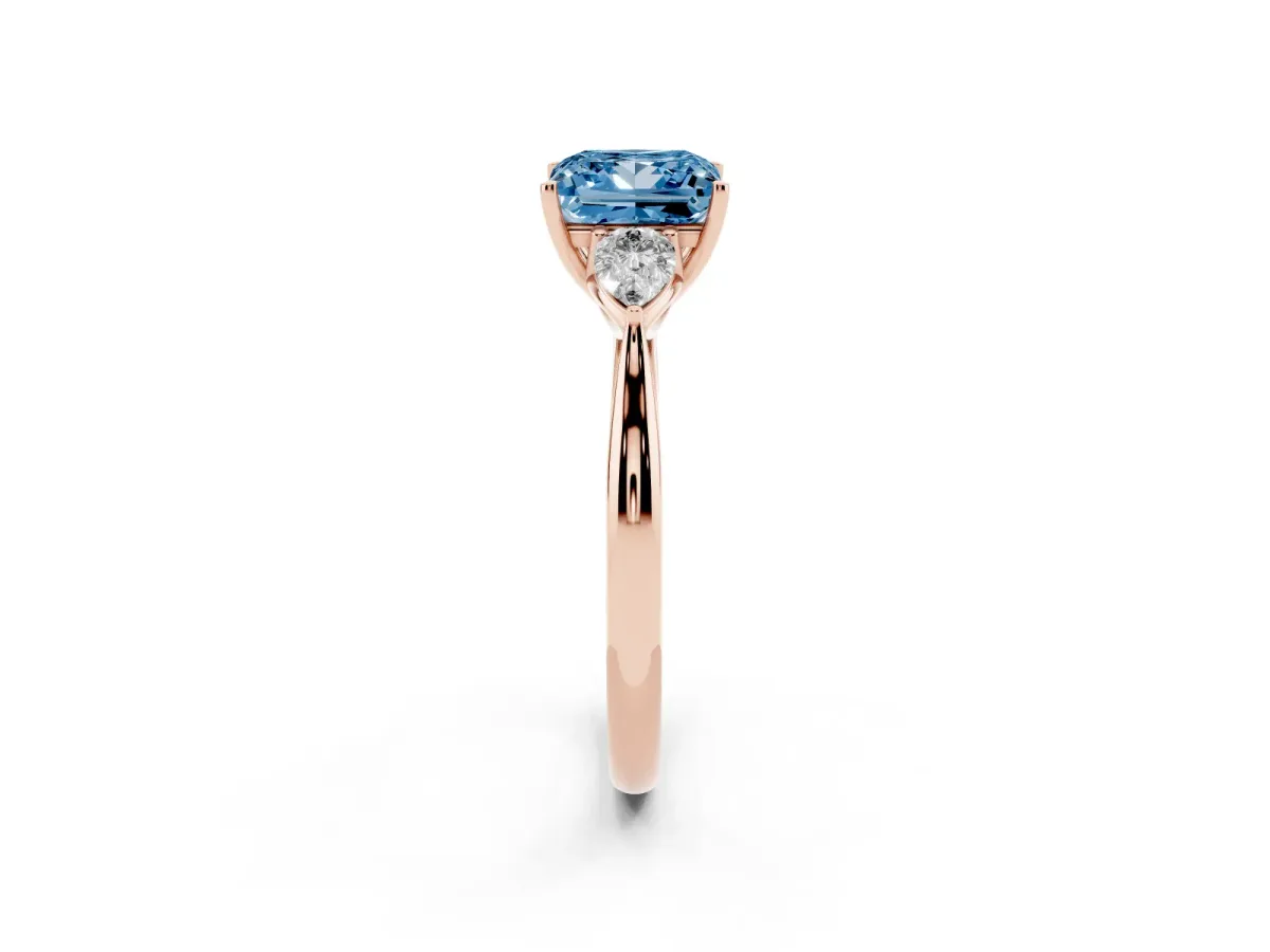 Fancy Blue Princess Cut Diamond Three-Stone Ring with Pear Side Stones and Prong Setting Rose gold