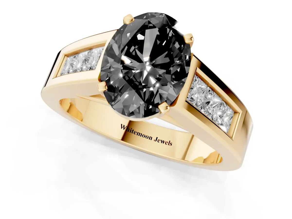 Fancy Black Oval Cut Cut Channel Set Solitaire Ring with Four-Prong Setting Yellow gold
