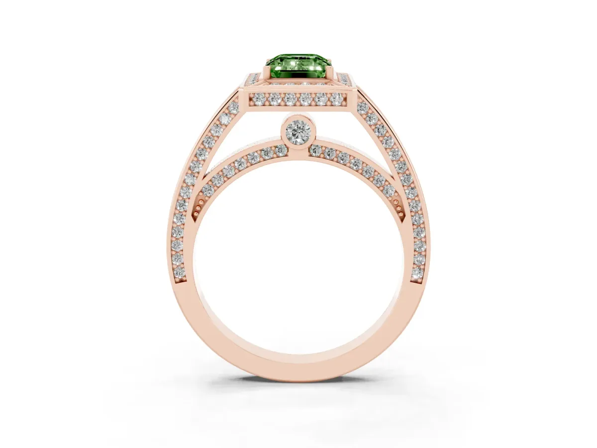 Fancy Green Emerald Cut Cut Halo Pave Split Shank Prong Setting Ring Rose gold