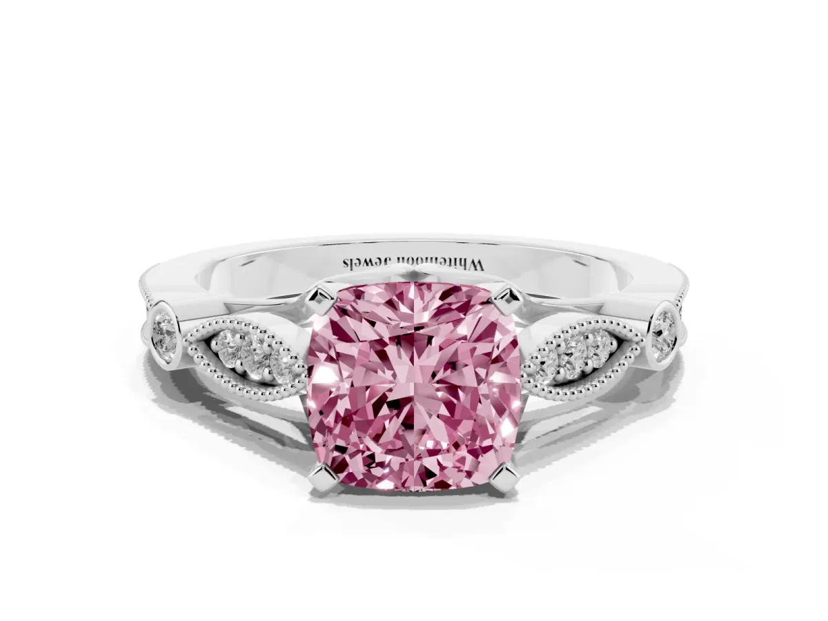 Fancy Pink Cushion Cut Cut Diamond with Milgrain Marquise and Bezel Accents on a Solitaire Band with Prong Setting White gold