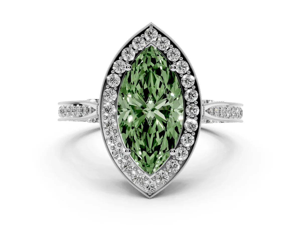 Fancy Green Marquise Cut Halo Diamond Engagement Ring with Split Shank Band and Four-Prong Setting Silver
