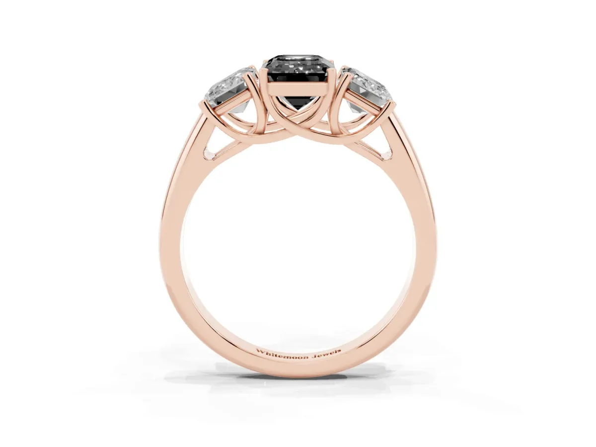 Fancy Black Three-Stone Emerald Cut Diamond Engagement Ring with Prong Setting Rose gold