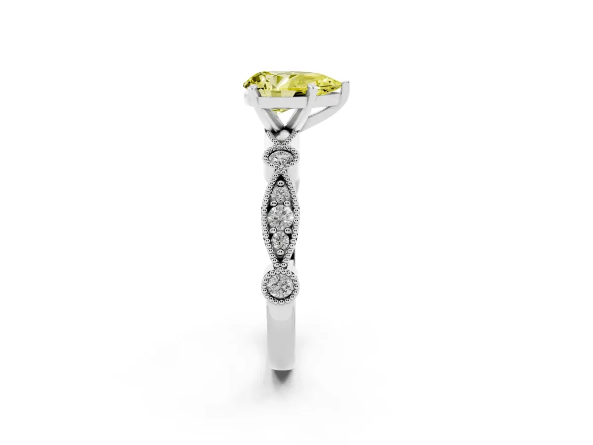Fancy Yellow Pear Cut Milgrain Bezel Diamond Engagement Ring with Solitaire Prong Setting Platinum