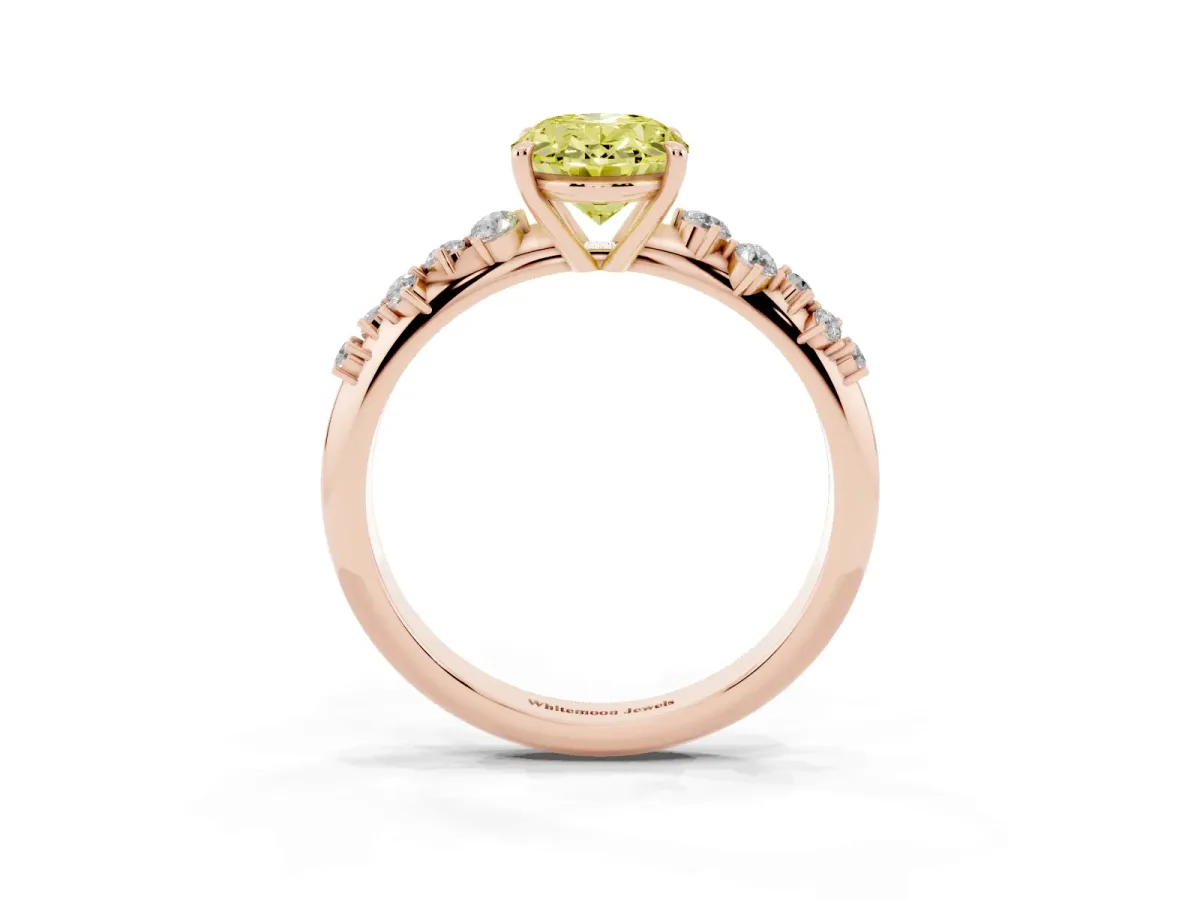 Fancy Yellow Oval Cut Diamond Cluster Side Stone Solitaire Ring with Prong Setting Rose gold