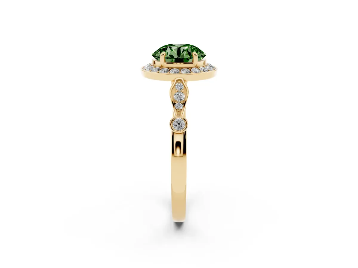 Fancy Green Round Cut Halo Diamond Engagement Ring with Twisted Band and Four-Prong Setting Yellow gold