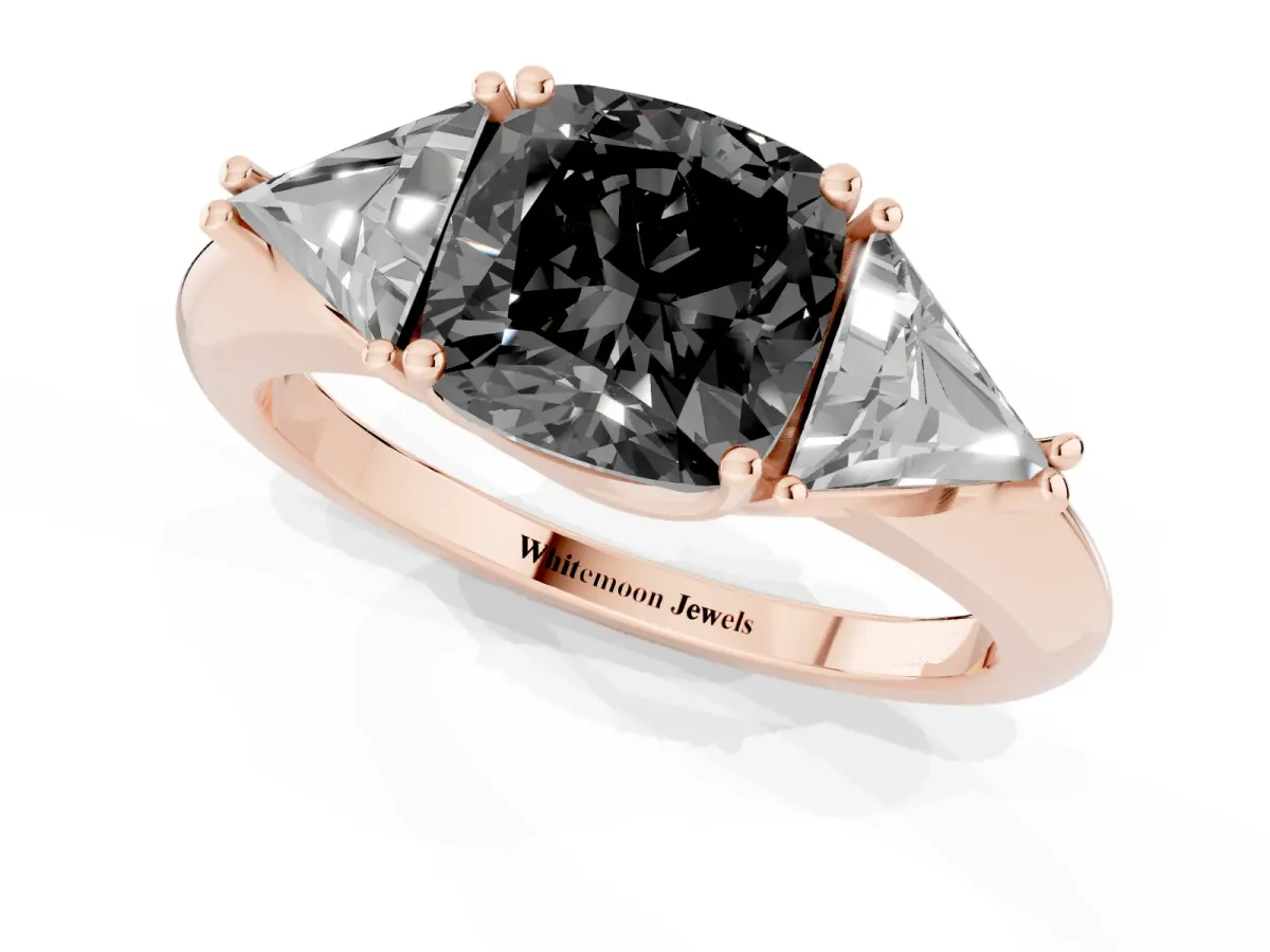 Fancy Black Three-Stone Cushion Cut Diamond Engagement Ring with Trillion Side Stones and Prong Setting Rose gold