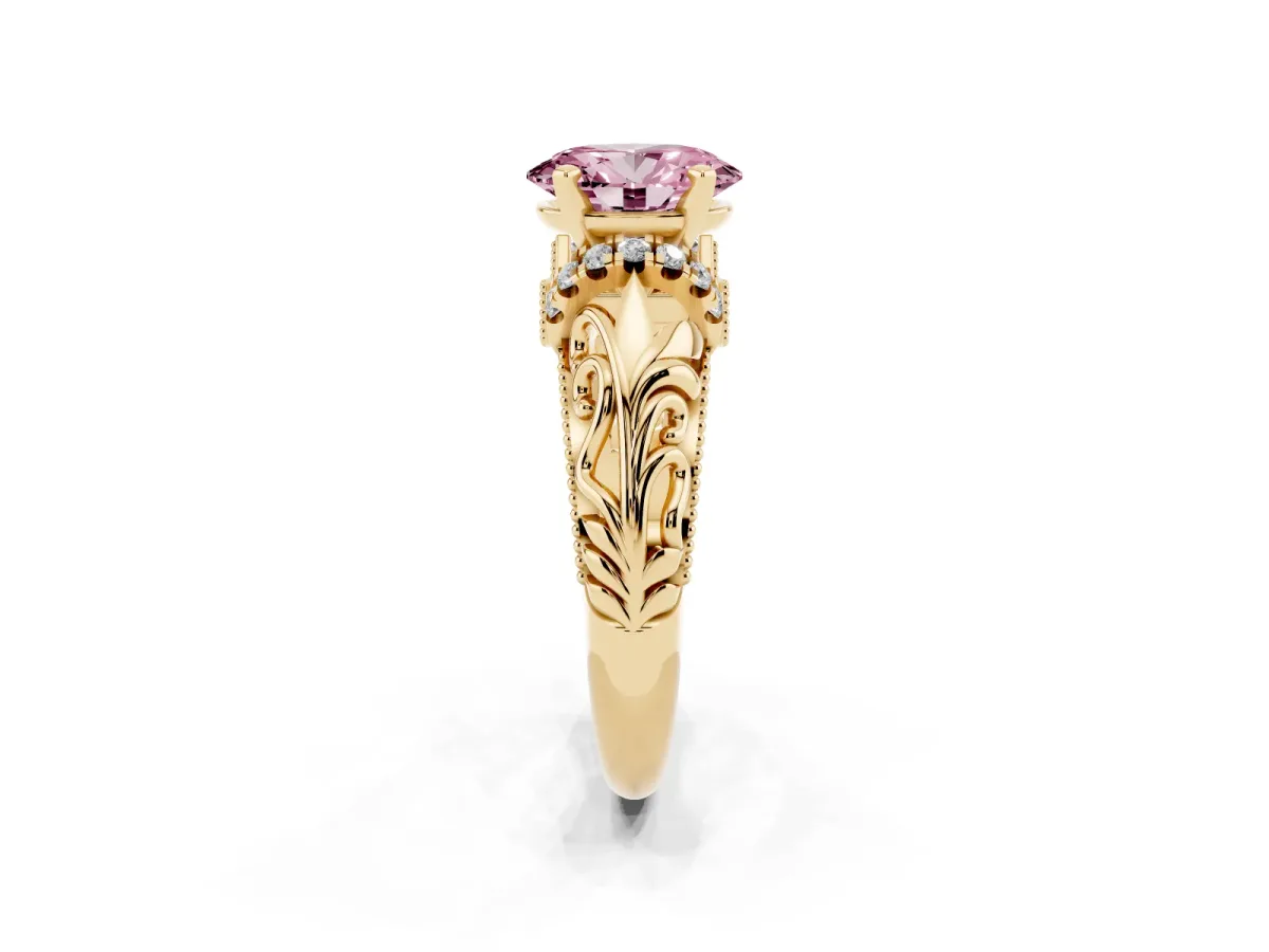 Fancy Pink Oval Cut Solitaire Filigree Engagement Ring with Halo and Prong Setting Yellow gold