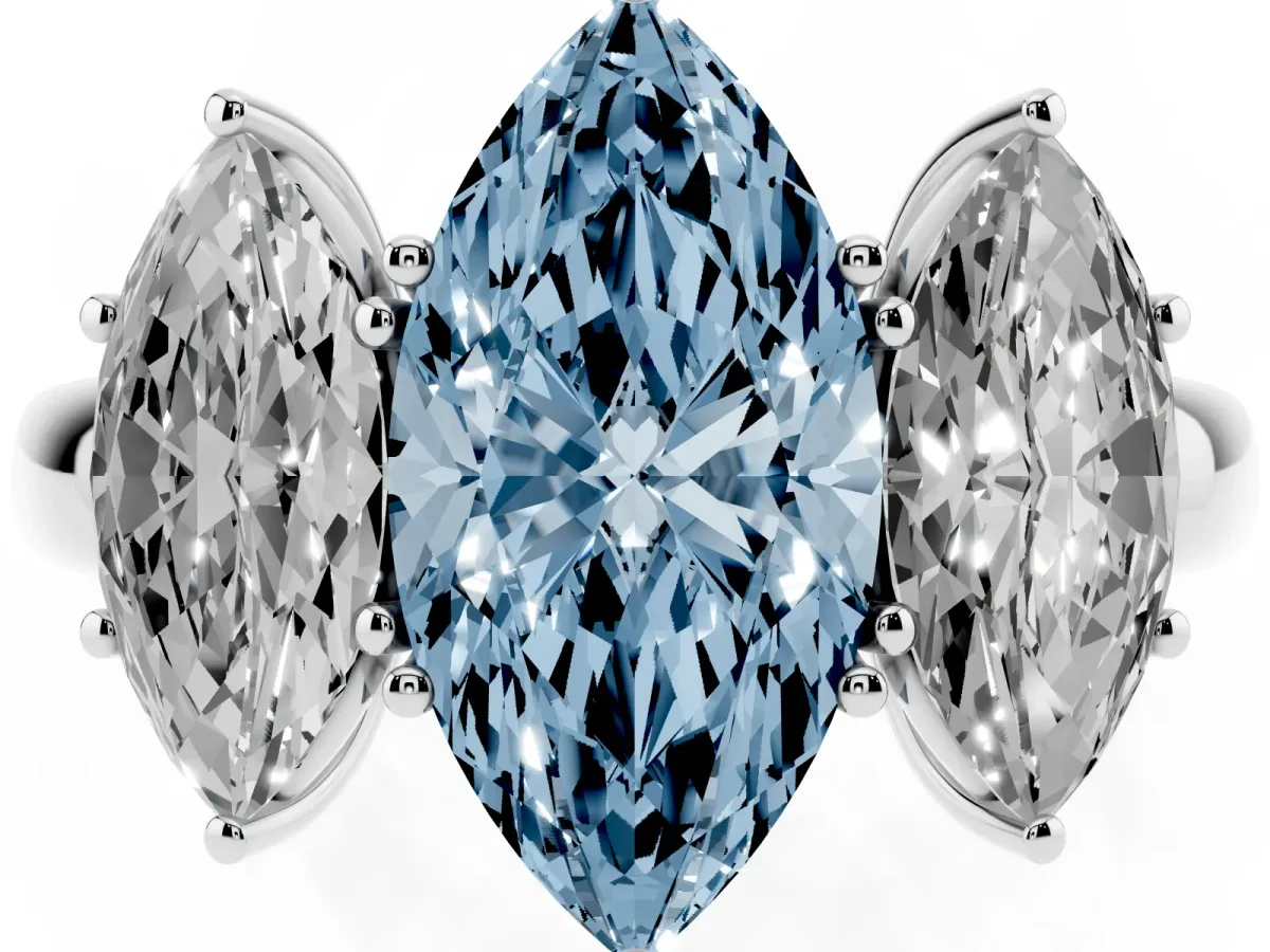 Fancy Blue Marquise Cut Diamond Three-Stone Ring with Four-Prong Setting and Classic Band Silver