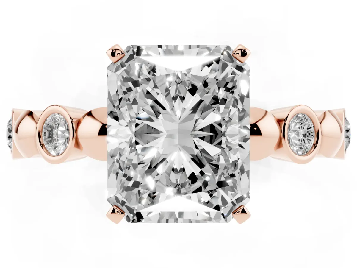 Radiant Cut Solitaire Bezel-Set Diamond Ring with Beaded Band and Four-Prong Setting Rose gold