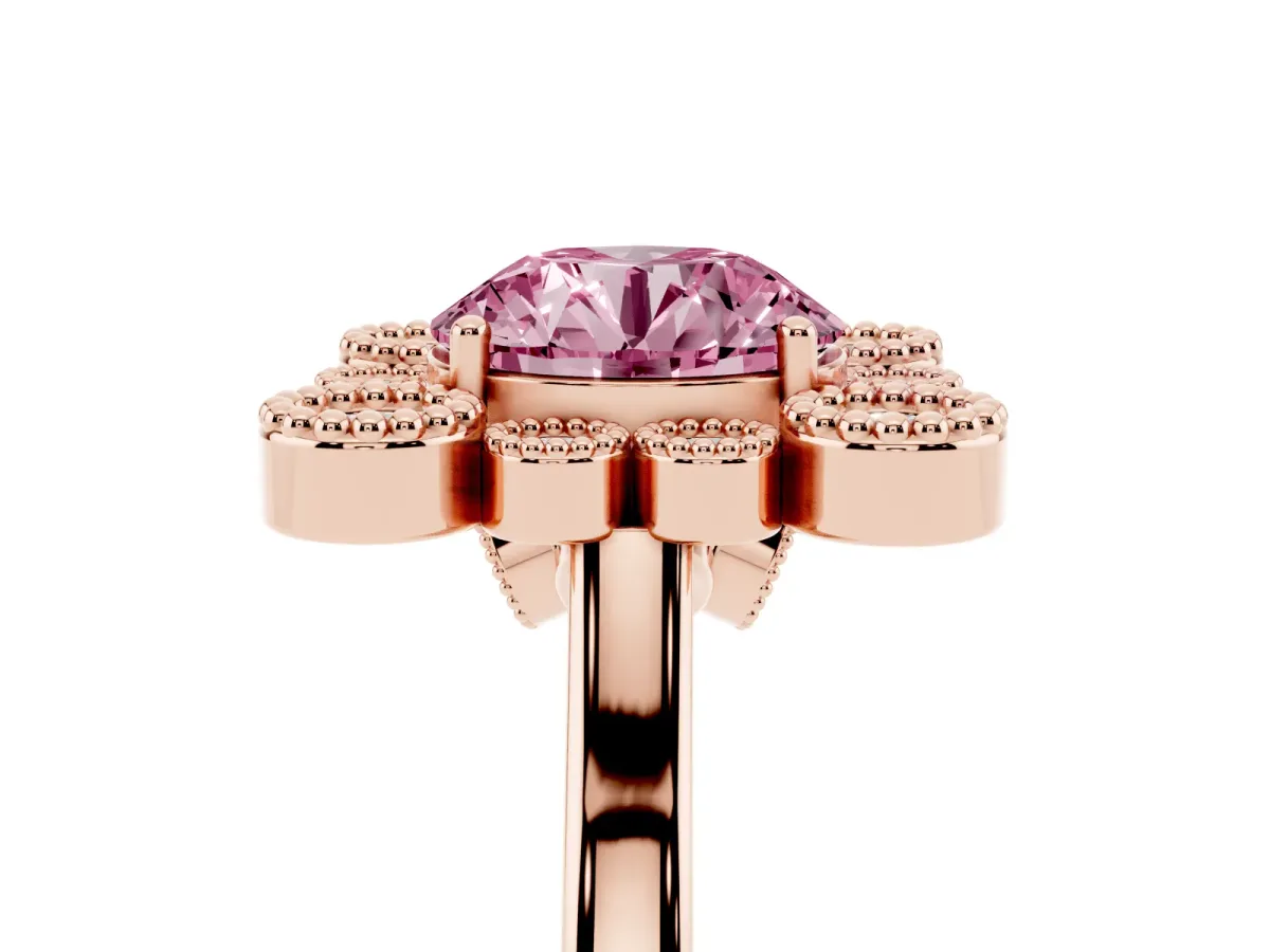 Fancy Pink Round Cut Halo Diamond Cluster Engagement Ring with Milgrain Bezel Setting and Solitaire Band Rose gold