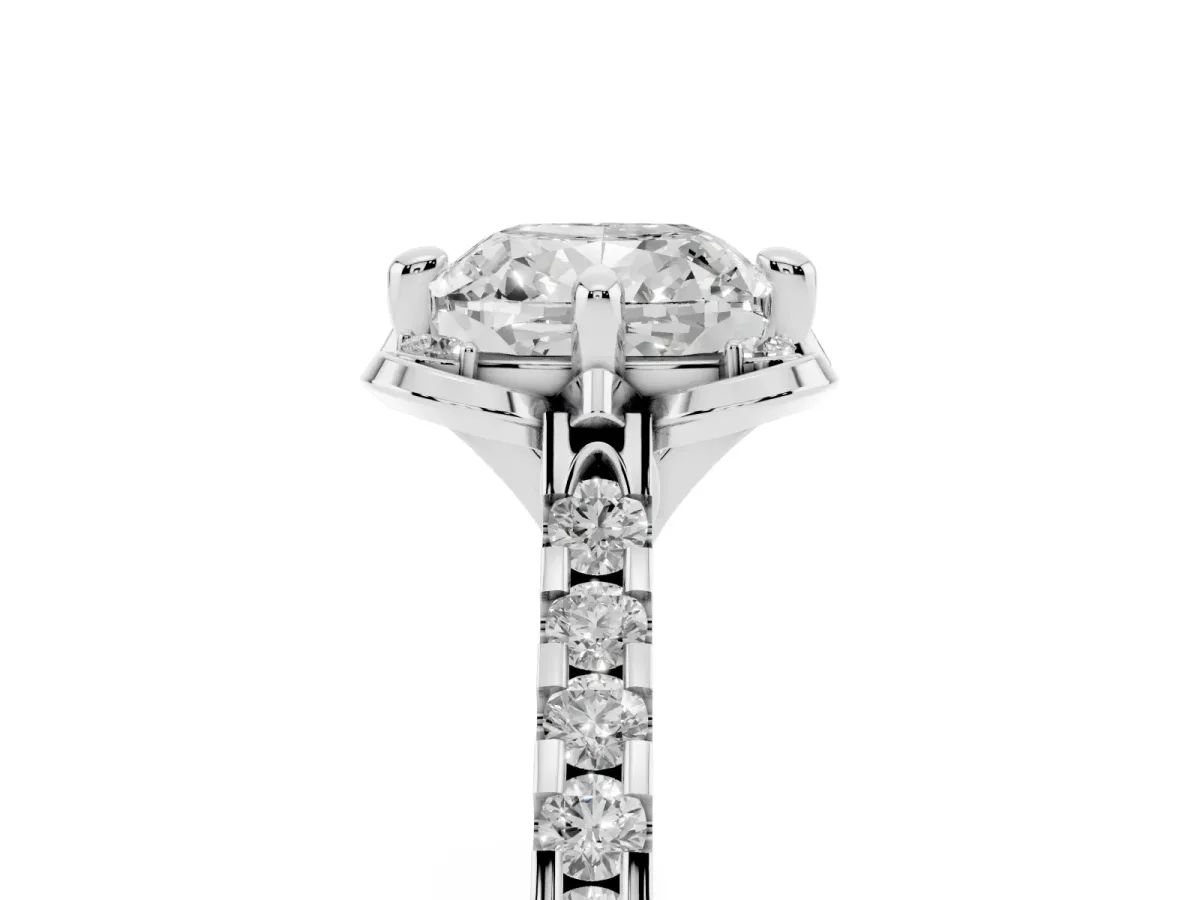 Cushion Cut Diamond Ring with Pavé Band and Floral Prong Setting Silver