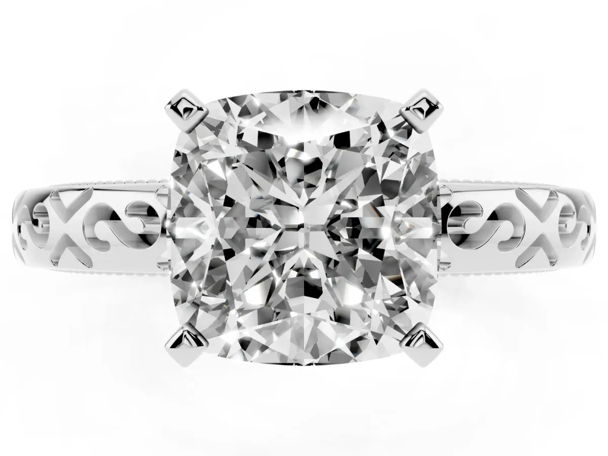 Cushion Cut Solitaire Engagement Ring with Scrollwork Band and Four-Prong Setting Platinum