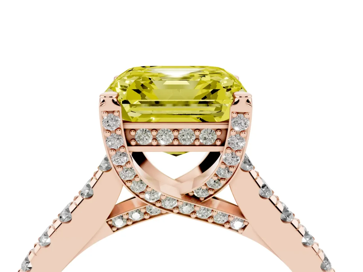 Fancy Yellow Asscher Cut Brilliant Diamond Solitaire with Pavé Band and Four-Prong Setting Rose gold