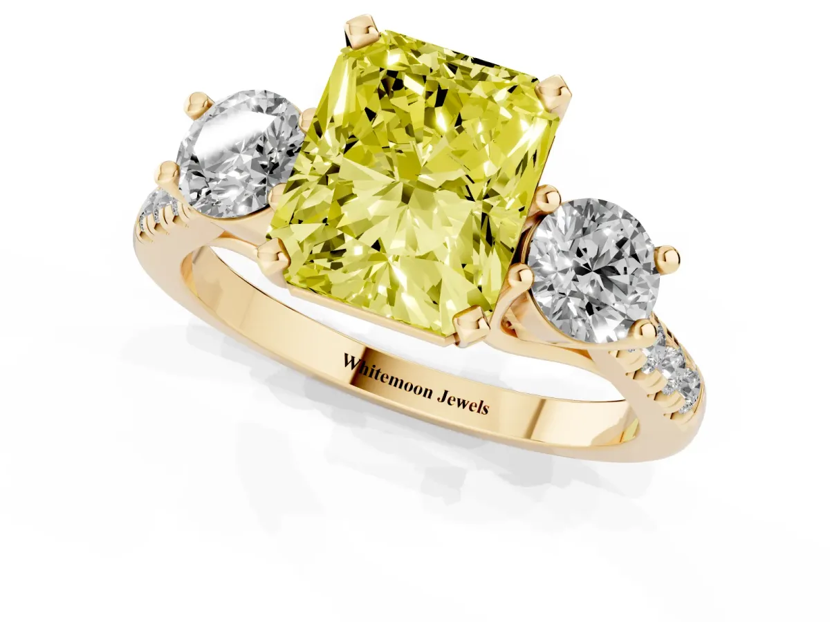 Fancy Yellow Three-Stone Radiant Cut Diamond Pavé Band with Four-Prong Setting Yellow gold
