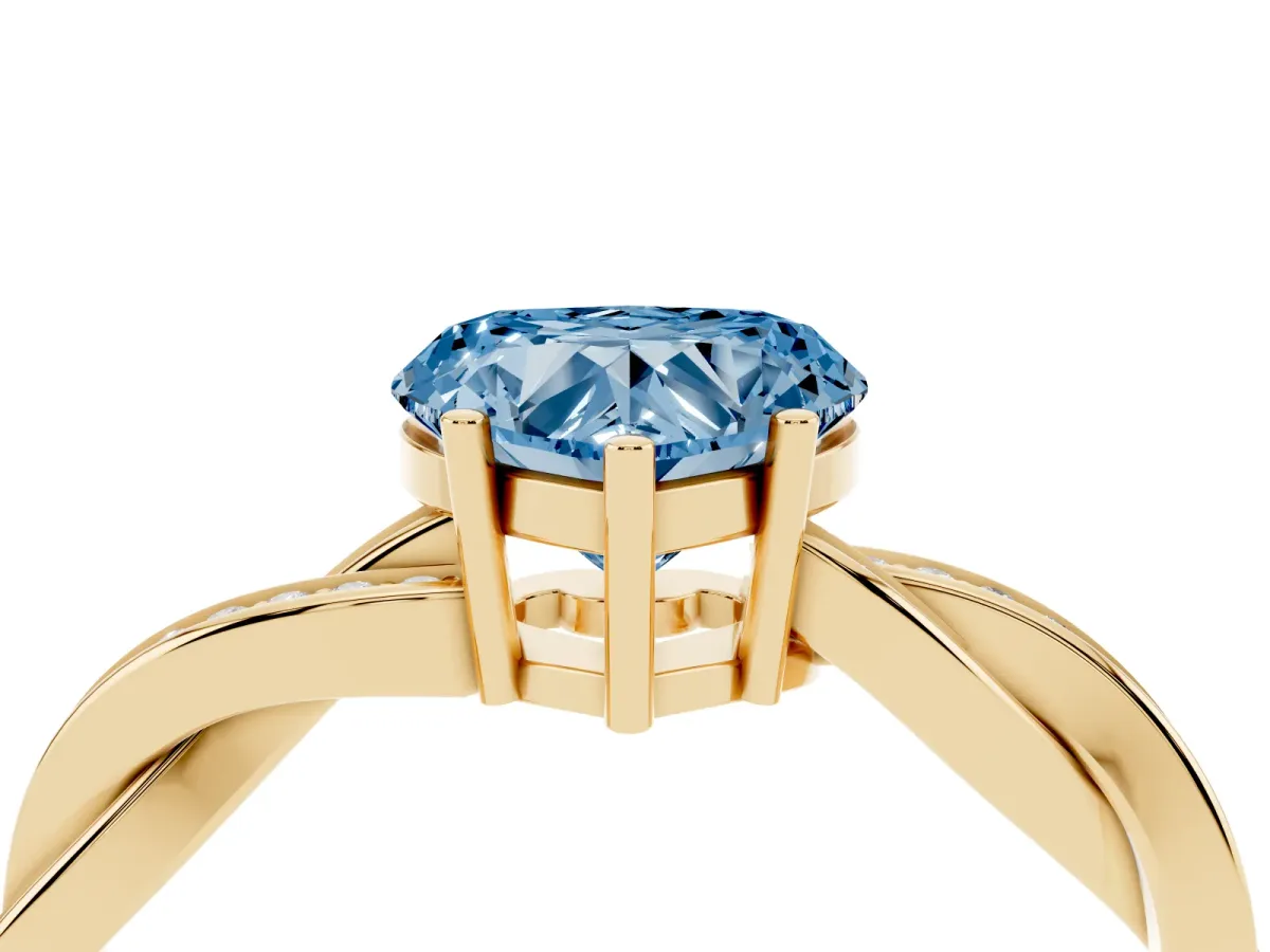 Fancy Blue Heart Cut Solitaire Twisted Pave Diamond Ring with Four-Prong Setting Yellow gold