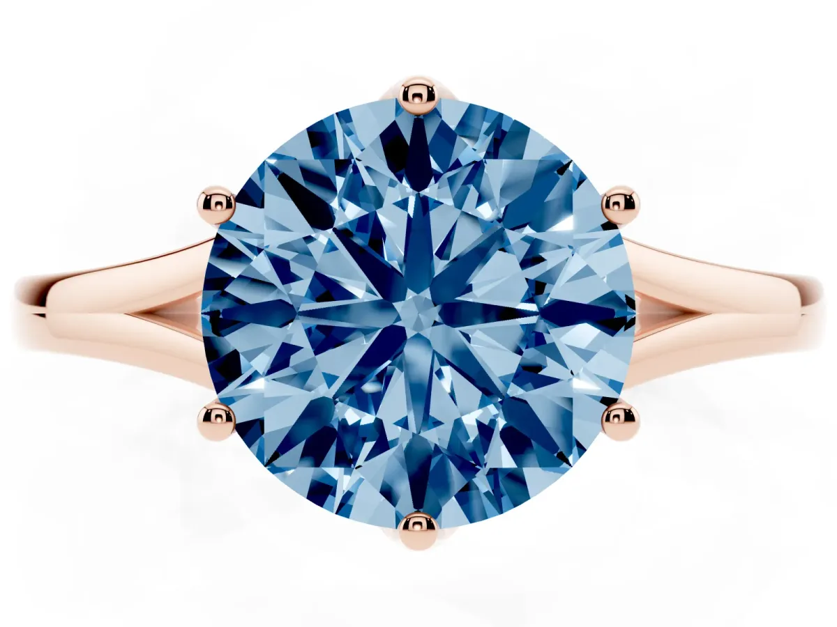 Fancy Blue Round Cut Solitaire Diamond Ring with Six-Prong Setting and Tapered Band Rose gold