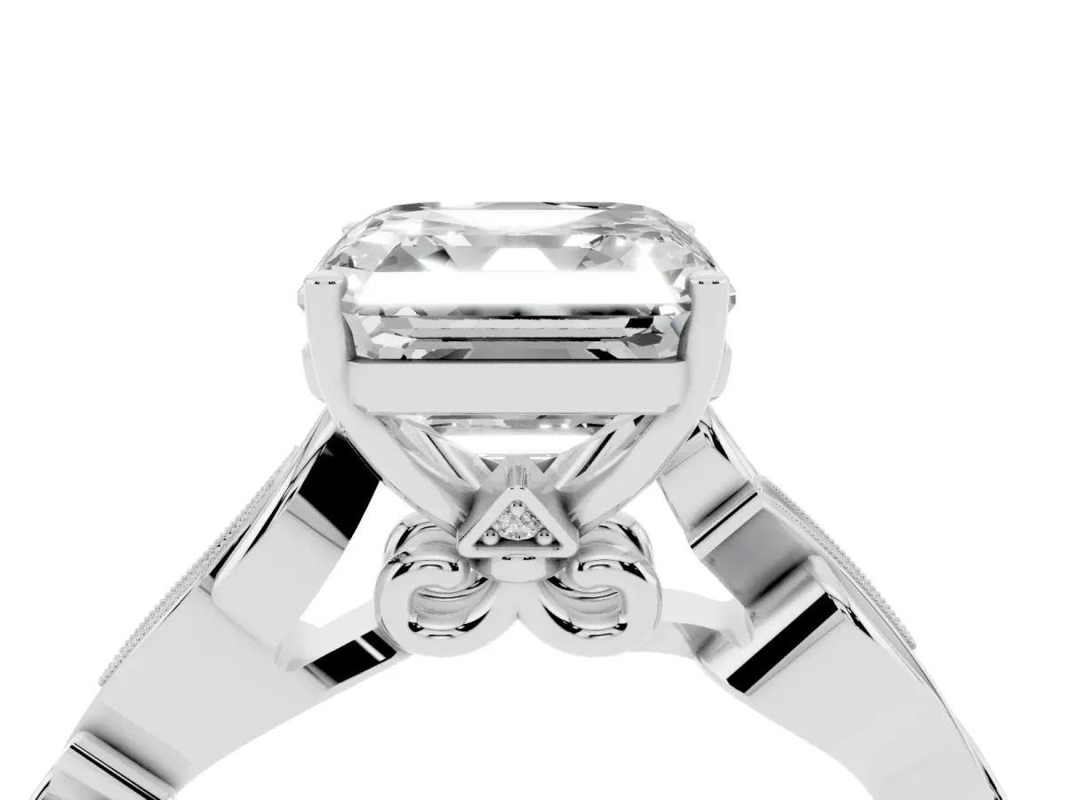 Asscher Cut Solitaire Vine Band with Milgrain Prong Setting Platinum