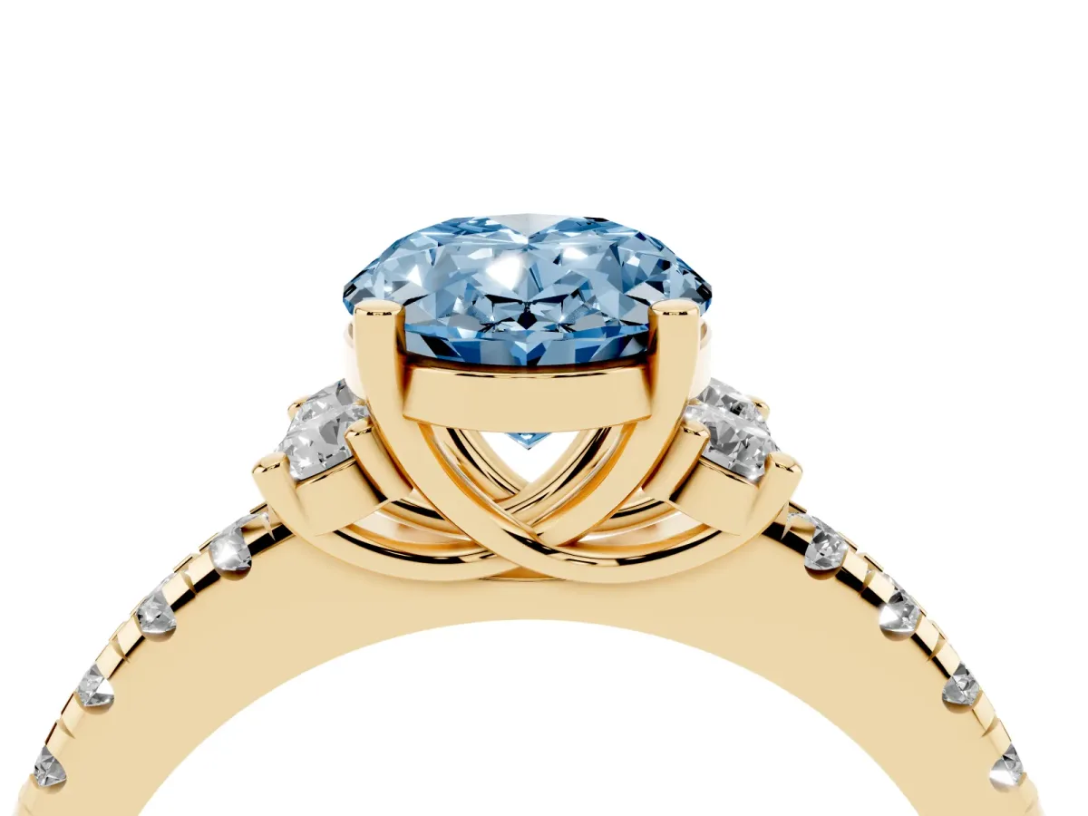 Fancy Blue Oval Cut Diamond Three-Stone Pave Band with Four-Prong Setting Yellow gold
