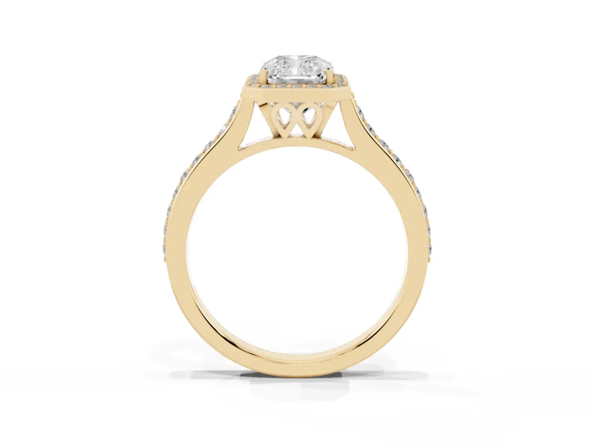 Radiant Cut Diamond Halo Engagement Ring with Round Pavé Shoulders and Prong Setting Yellow gold
