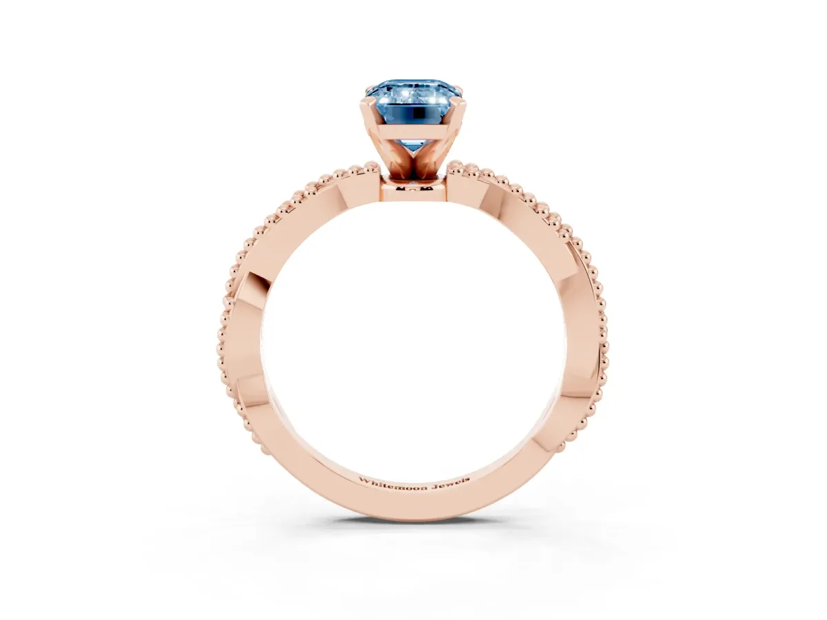 Fancy Blue Emerald Cut Solitaire Twisted Band with Bead Prong Setting Rose gold