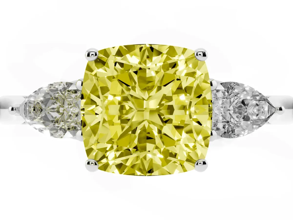 Fancy Yellow Three-Stone Cushion Cut Brilliant Diamond Solitaire Ring with Tapered Band and Four-Prong Setting Silver