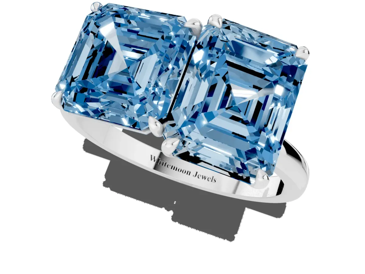 Fancy Blue Asscher Cut and Emerald Cut Toi Moi Ring with Prong Setting Platinum