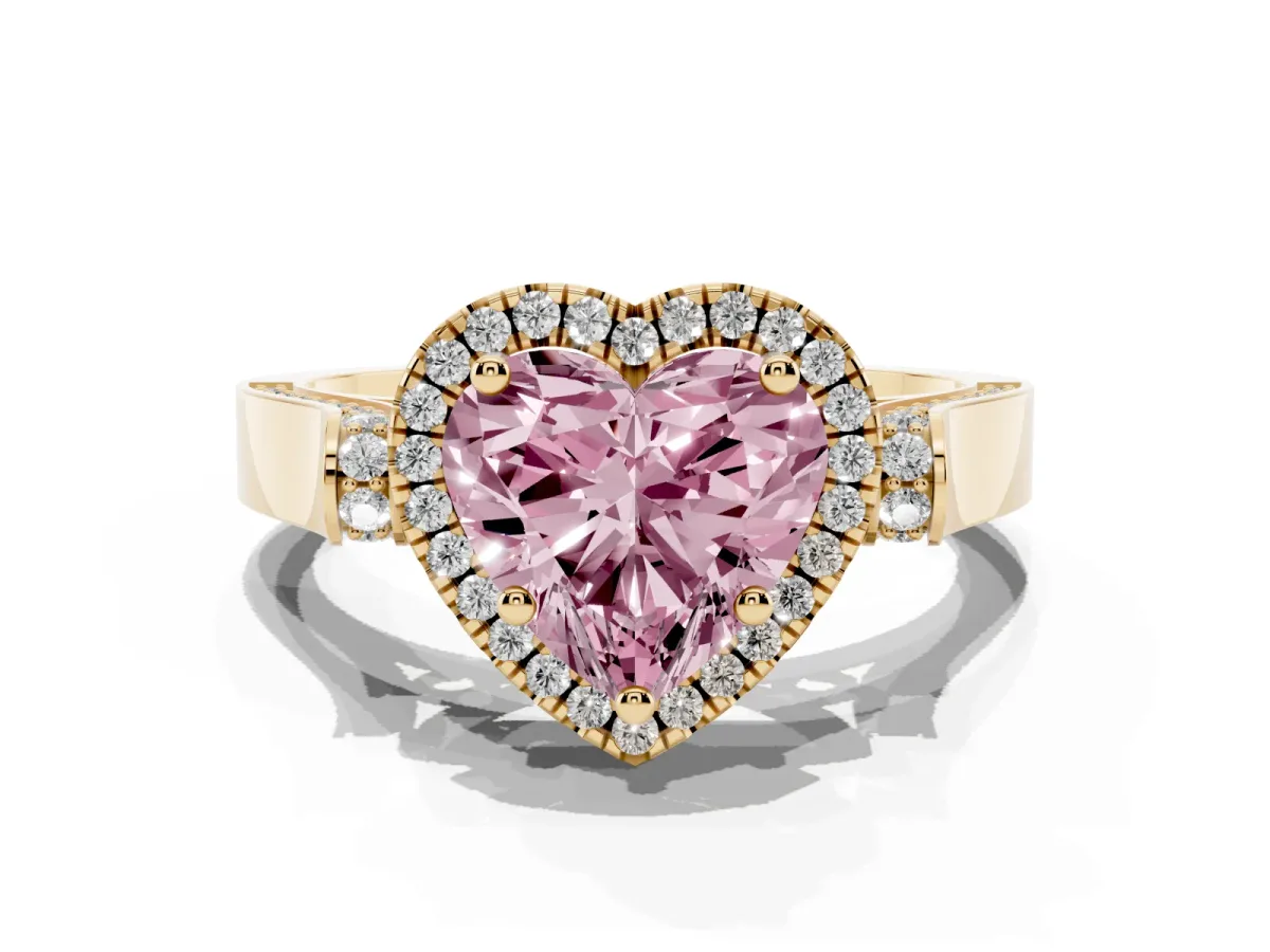 Fancy Pink Heart Cut Halo Pave Split Shank Prong Setting Ring Yellow gold