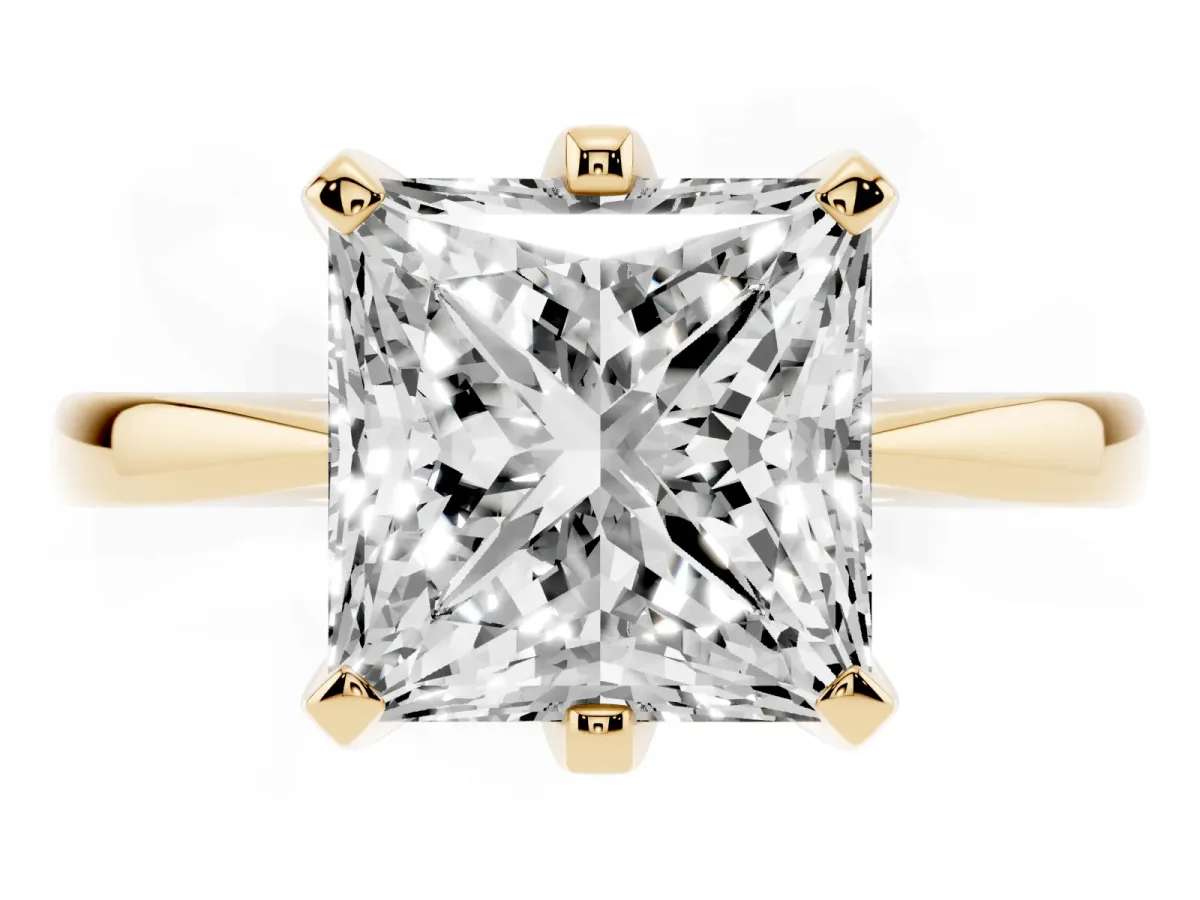 Princess Cut Solitaire Engagement Ring with Six-Prong Setting and Tapered Band Yellow gold