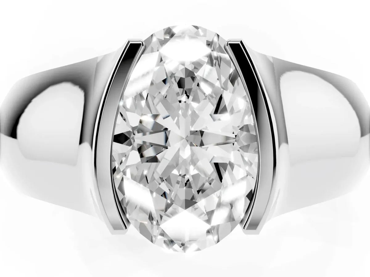 Oval Cut Solitaire Bezel Set Diamond Ring with Wide Band Platinum