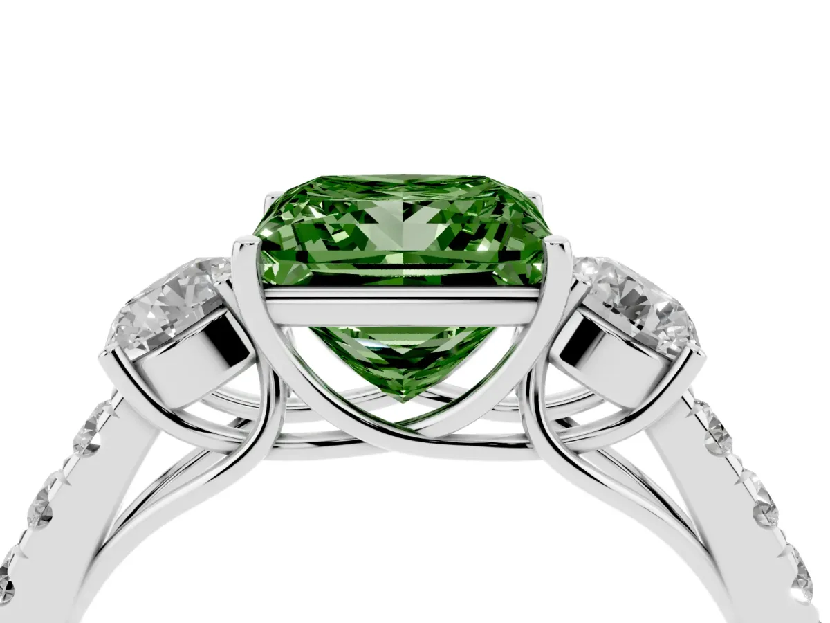 Fancy Green Princess Cut Cut Diamond Three-Stone Ring with Round Side Stones and Pavé Band Silver