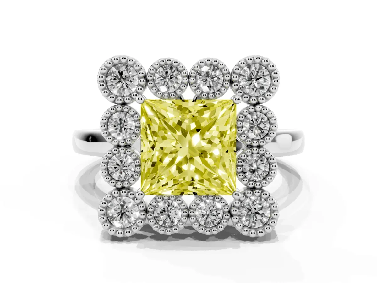 Fancy Yellow Princess Cut Halo Diamond Cluster Engagement Ring with Milgrain Bezel Setting and Solitaire Band Silver