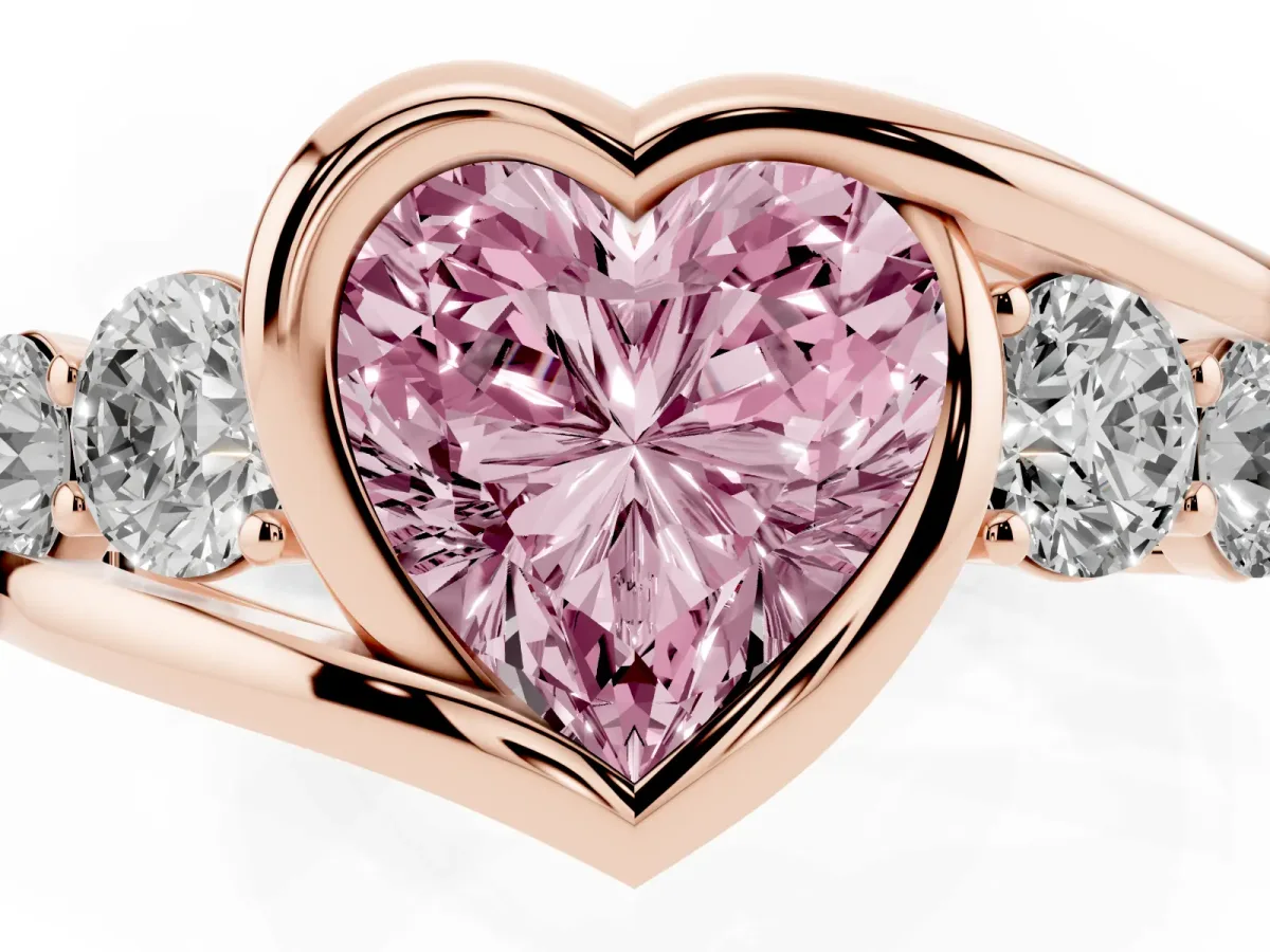 Fancy Pink Bezel Set Heart Cut Diamond Bypass Ring with Round Accents Rose gold