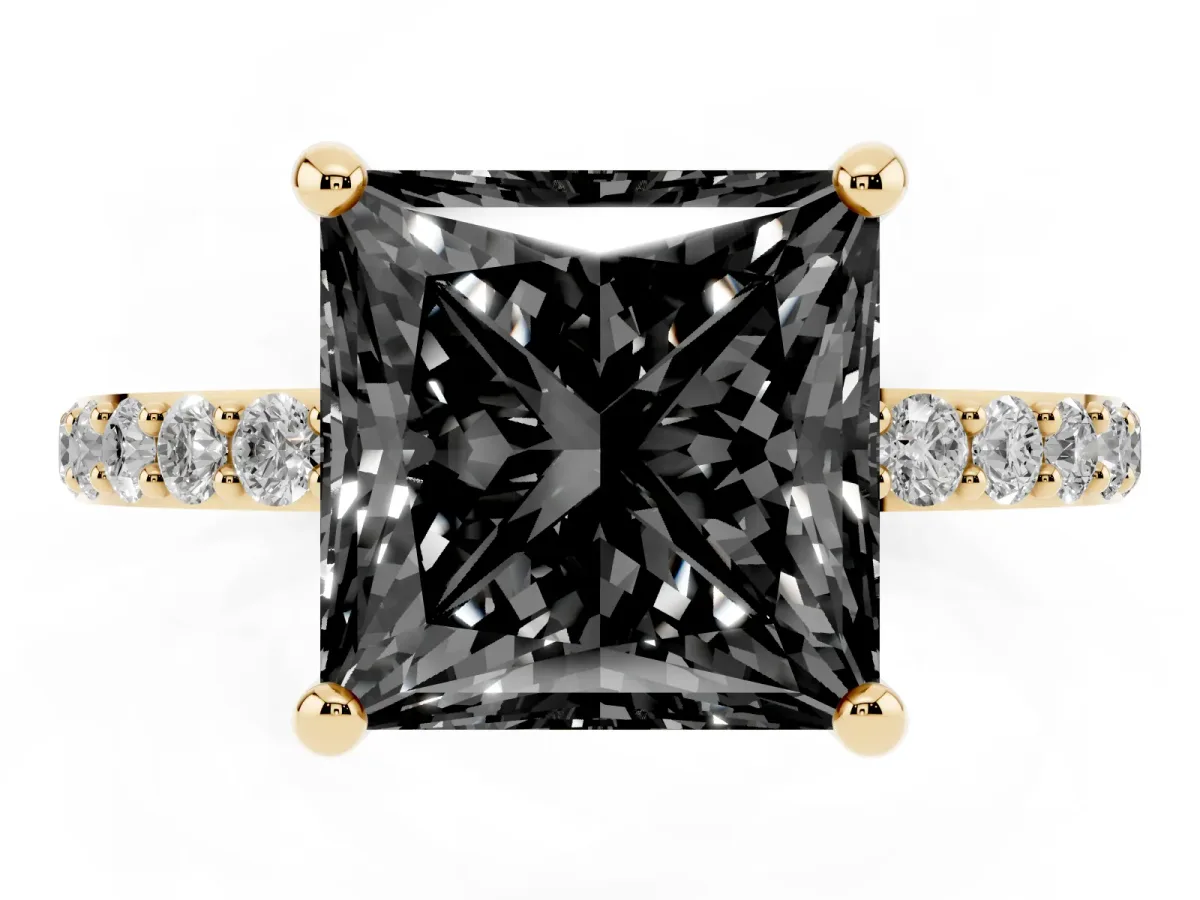 Fancy Black Princess Cut Diamond Solitaire Ring with Round Pavé Band and Prong Setting Yellow gold