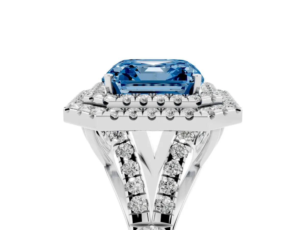 Fancy Blue Asscher Cut Diamond Pavé Split Shank Double Halo Engagement Ring Silver