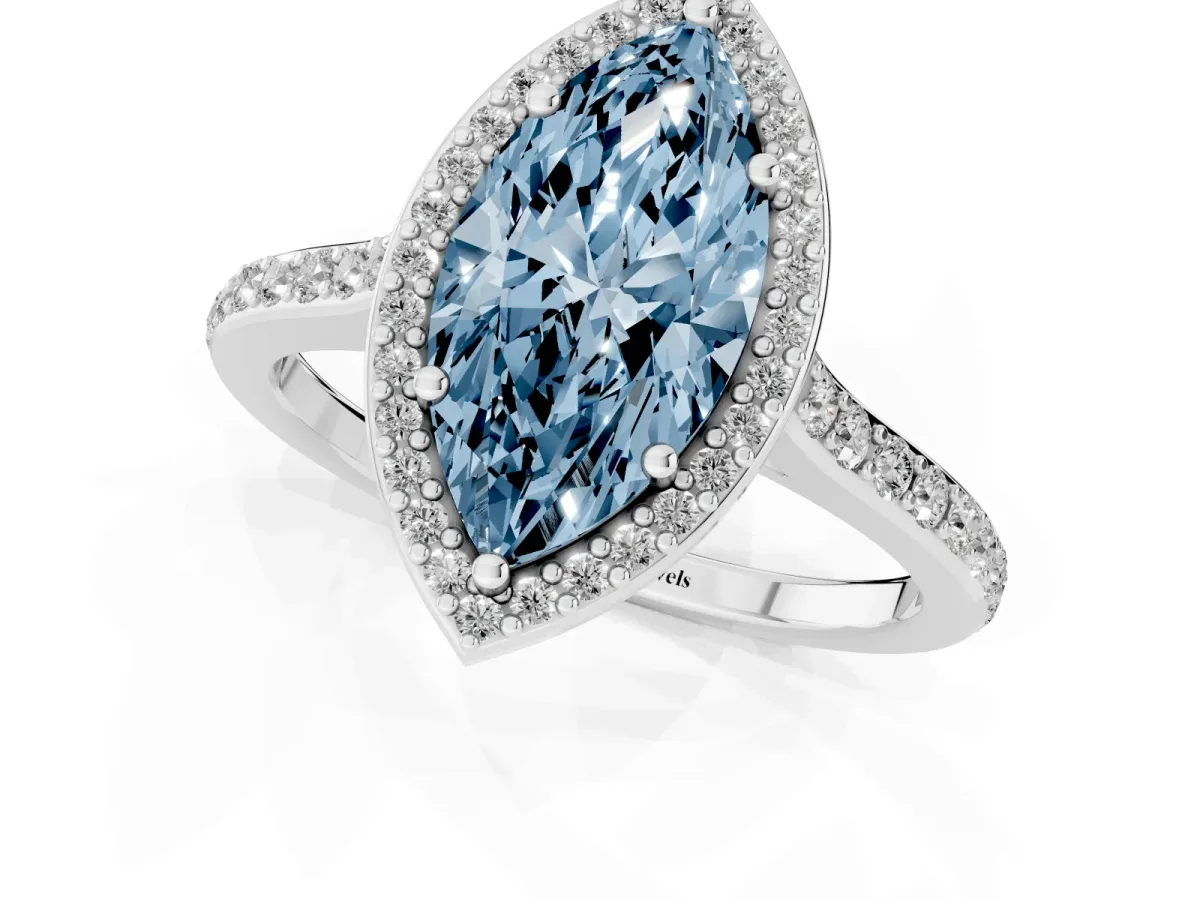 Fancy Blue Marquise Cut Diamond Halo Engagement Ring with Round Pavé Shoulders and Prong Setting Silver