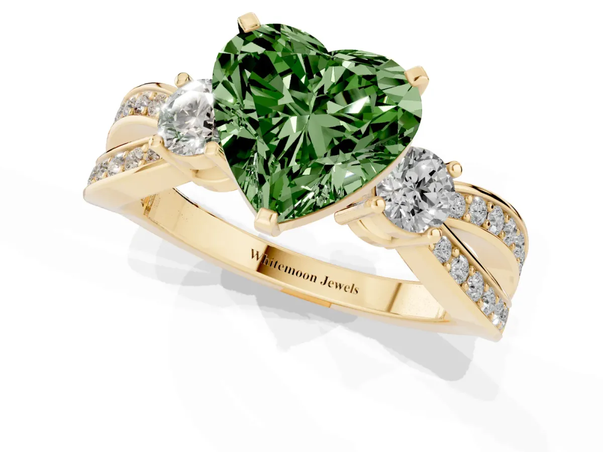 Fancy Green Three-Stone Heart Cut Cut Diamond Twist Band with Prong Setting Yellow gold